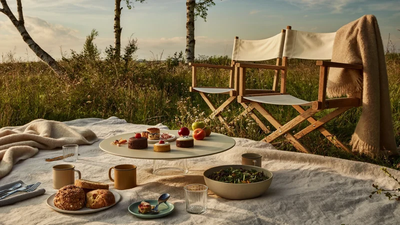 Picnic på tæppe i dansk eng ved gyldent aftenlys uden personer